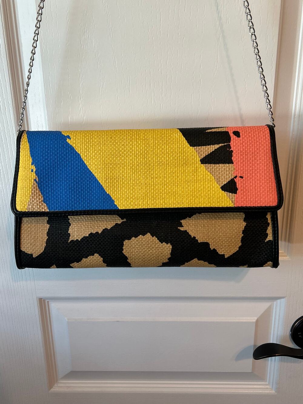 Woven Canvas Color block top flap clutch with chain
